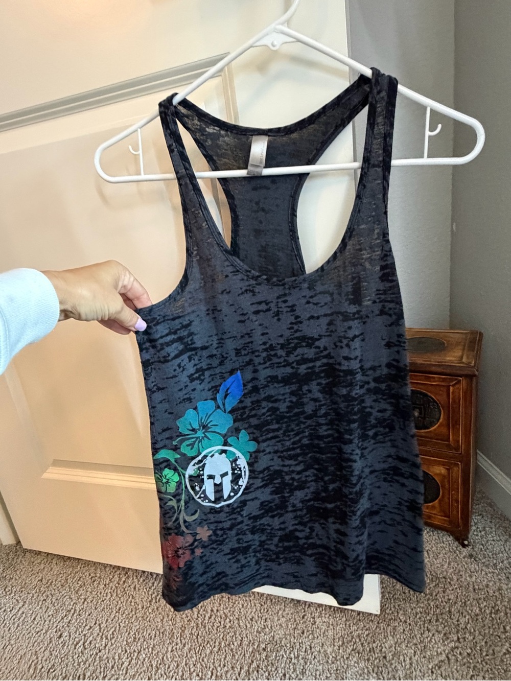 Next Level Apparel Black Burnout Racerback Spartan Tank with Floral Accent.